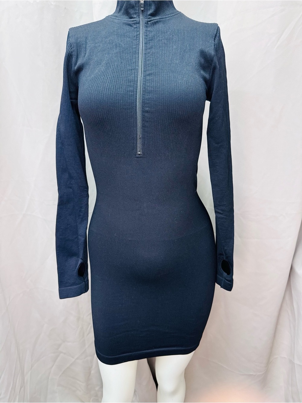 OQQ black Ribbed Zip-Neck Long Sleeve Bodycon Dress
